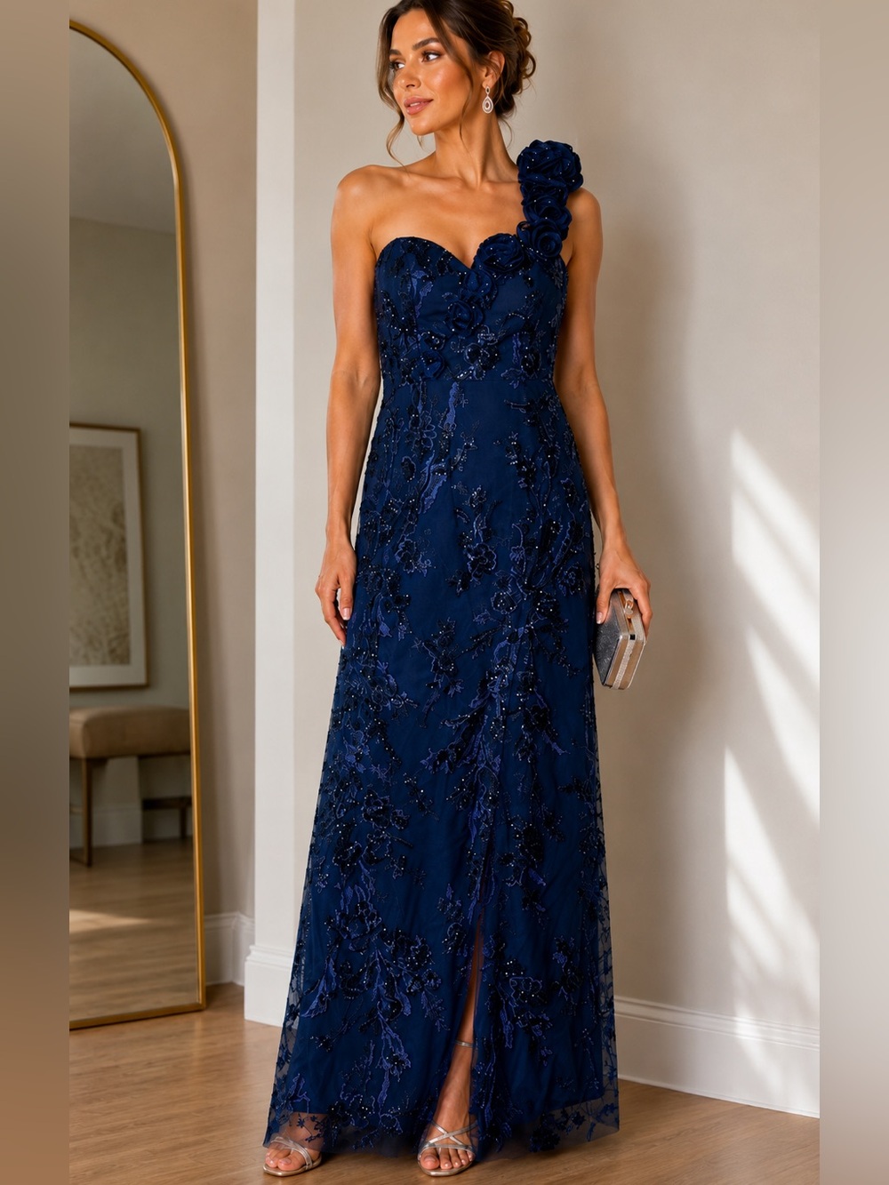 NWT MGNY Madeline Gardner Floral Sequin One-ShoulderRosette Appliqué Gown 10